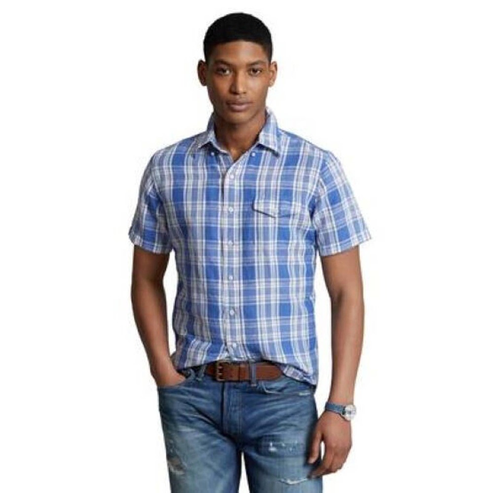 Polo Ralph Lauren Men's Linen-Cotton Pocket Shirt - Cream/Blue size small